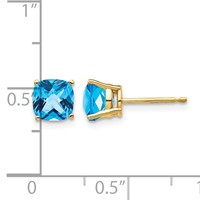 14K 6mm Yellow Gold Cushion Blue Topaz Checkerboard Post Earrings view 4