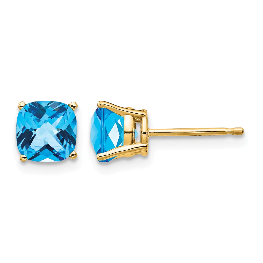 14K 6mm Yellow Gold Cushion Blue Topaz Checkerboard Post Earrings
