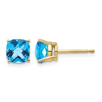 14K 6mm Yellow Gold Cushion Blue Topaz Checkerboard Post Earrings view 1