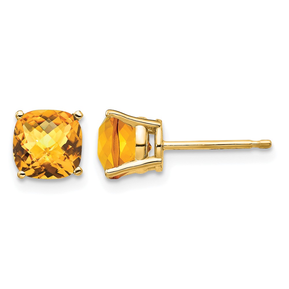 14K 6mm Yellow Gold Cushion Citrine Checkerboard Post Earrings