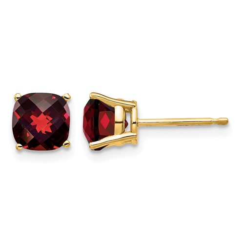 14K 6mm Yellow Gold Cushion Garnet Checkerboard Post Earrings