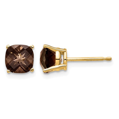 14K 6mm Yellow Gold Cushion Smoky Quartz Post Earrings