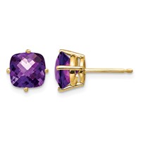 14K 7mm Yellow Gold Cushion Amethyst Checkerboard Post Earrings view 1