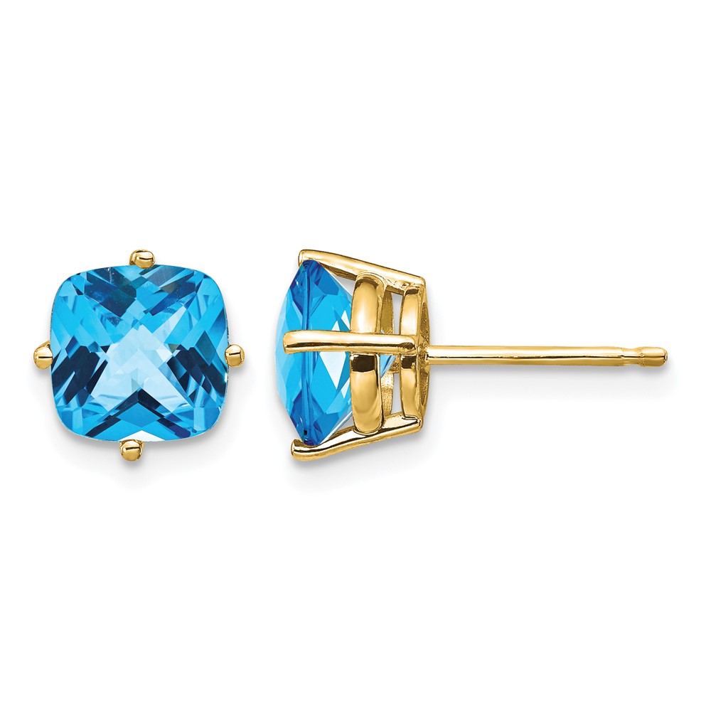 14K 7mm Cushion Blue Topaz Checkerboard Post Earrings