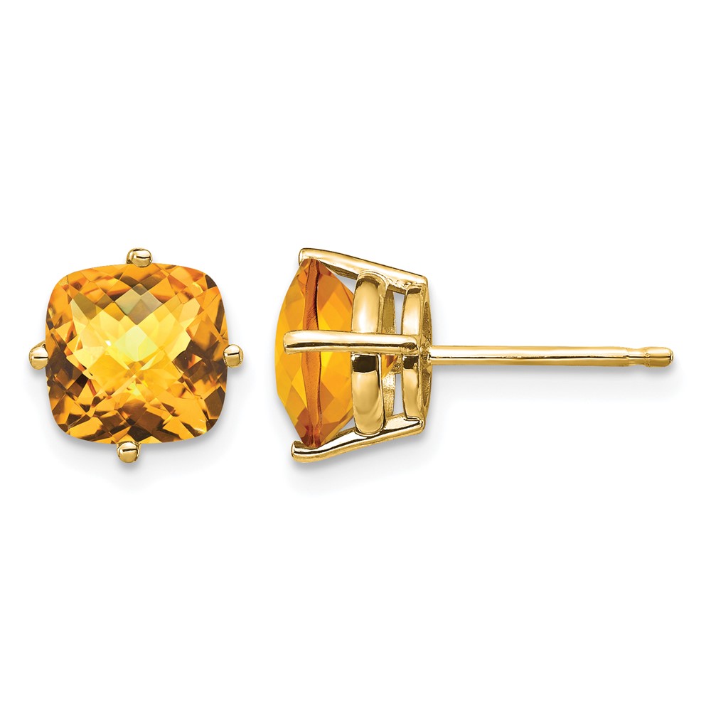 14K 7mm Yellow Gold Cushion Citrine Checkerboard Post Earrings