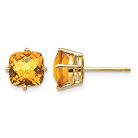 14K 7mm Yellow Gold Cushion Citrine Checkerboard Post Earrings view 1