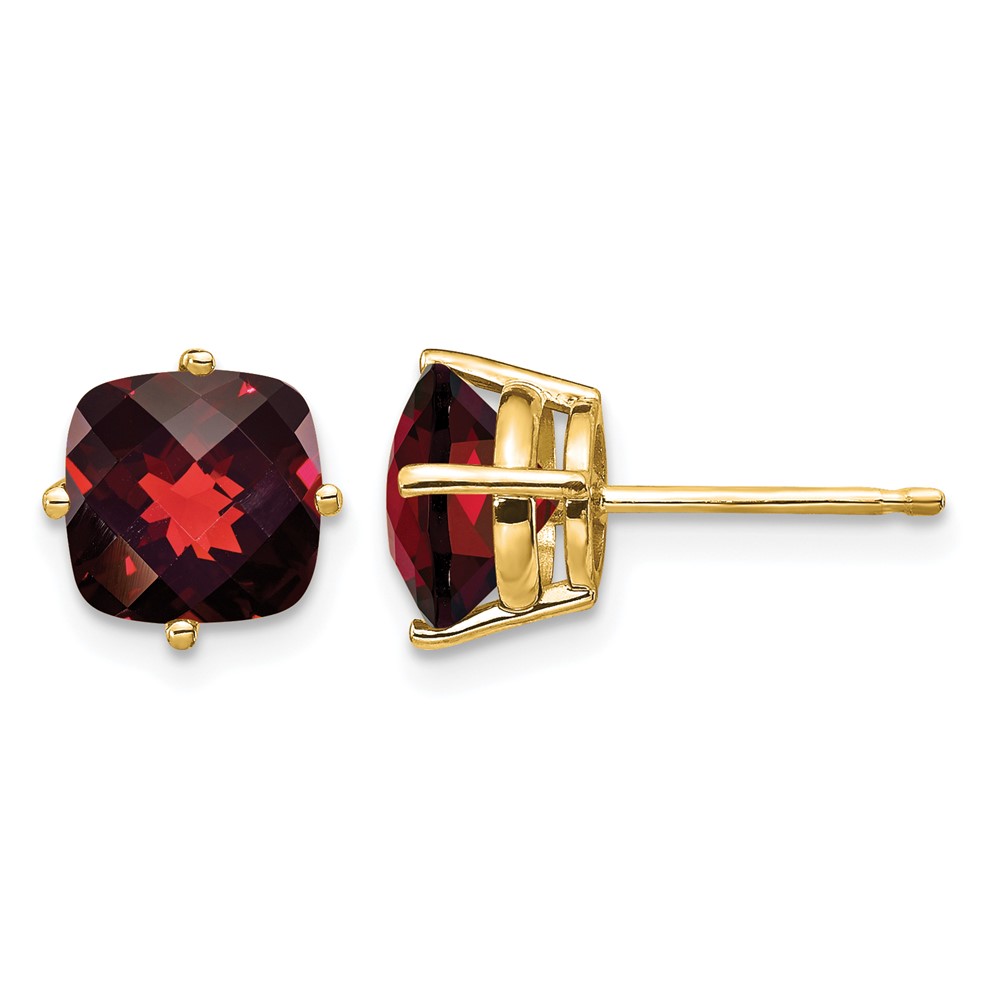 14K 7mm Yellow Gold Cushion Garnet Checkerboard Post Earrings