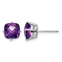 14K White Gold 7mm Cushion Amethyst Checkerboard Post Earrings view 1