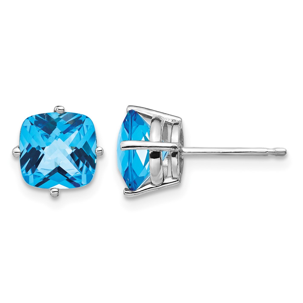 14K White Gold 7mm Cushion Blue Topaz Checkerboard Post Earrings