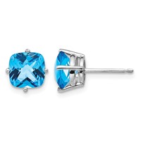 14K White Gold 7mm Cushion Blue Topaz Checkerboard Post Earrings view 1