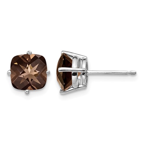 14K White Gold 7mm Cushion Smoky Quartz Post Earrings