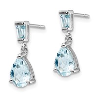 14K White Gold 7x 5mm Pear and Baguette Aquamarine Dangle Post Earrings view 2