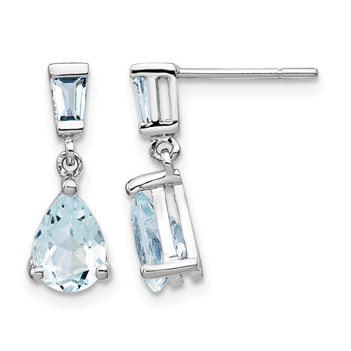 14K White Gold 7x 5mm Pear and Baguette Aquamarine Dangle Post Earrings
