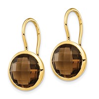 14K 11mm Yellow Gold Round Smoky Quartz Checkerboard Dangle Shepherd Hook Earrings view 2