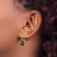14K 11mm Yellow Gold Round Smoky Quartz Checkerboard Dangle Shepherd Hook Earrings view 3