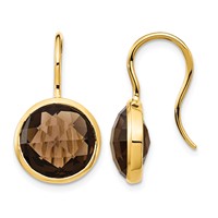14K 11mm Yellow Gold Round Smoky Quartz Checkerboard Dangle Shepherd Hook Earrings view 1