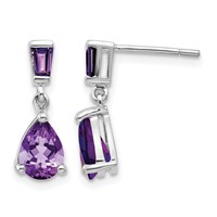 14K White Gold Pear Baguette Amethyst Dangle Post Earrings view 1