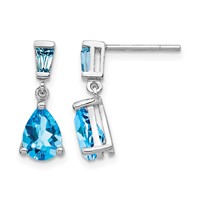14K White Gold Pear Baguette Blue Topaz Dangle Post Earrings view 1