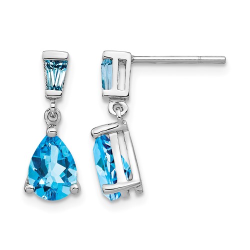 14K White Gold Pear Baguette Blue Topaz Dangle Post Earrings