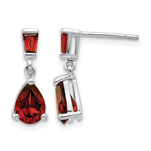 14K White Gold Pear Baguette Garnet Dangle Post Earrings