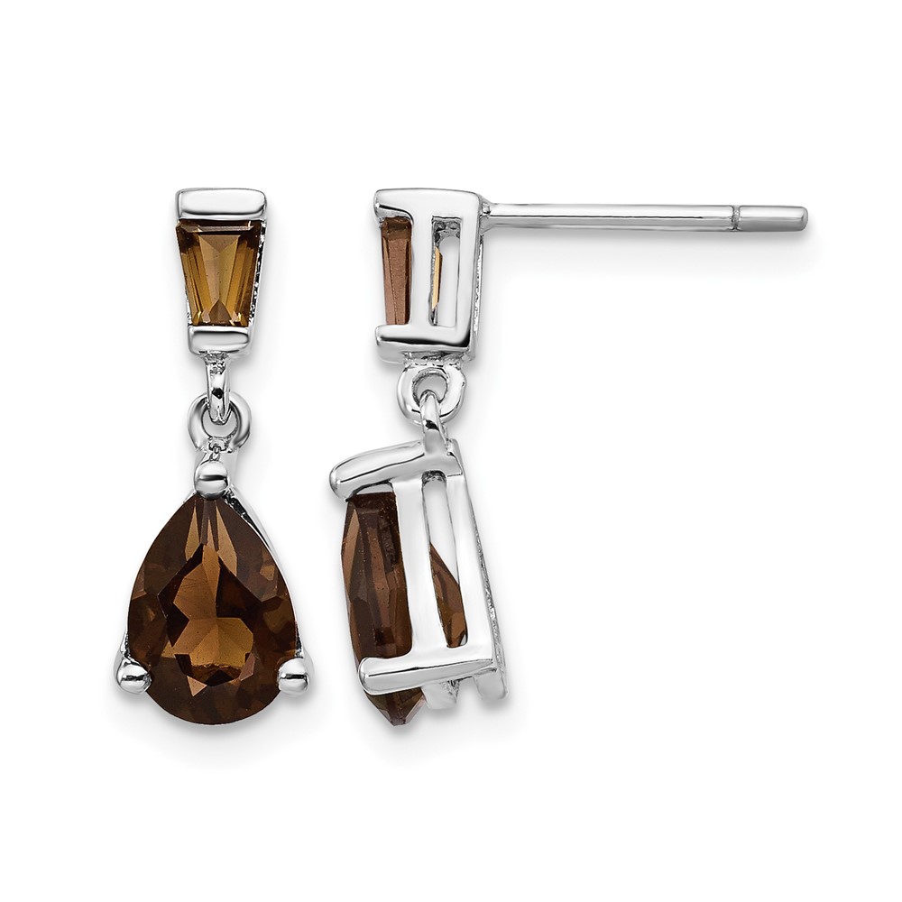14K White Gold Pear Baguette Smoky Quartz Dangle Post Earrings