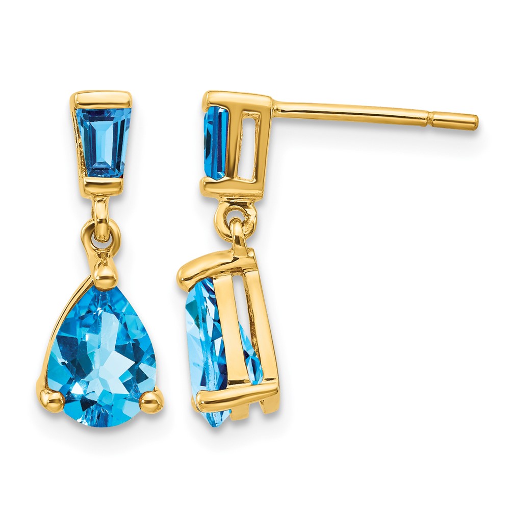 14K Pear Baguette Blue Topaz Dangle Post Earrings