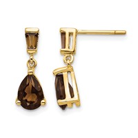 14K Yellow Gold Pear Baguette Smoky Quartz Dangle Post Earrings view 1
