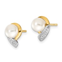 14K Yellow Gold 5-6mm White Button Freshwater Cultured Pearl and.01 Carat Diamond Post Earrings view 2