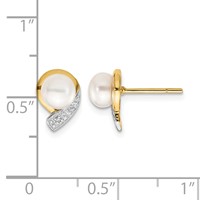 14K Yellow Gold 5-6mm White Button Freshwater Cultured Pearl and.01 Carat Diamond Post Earrings view 4