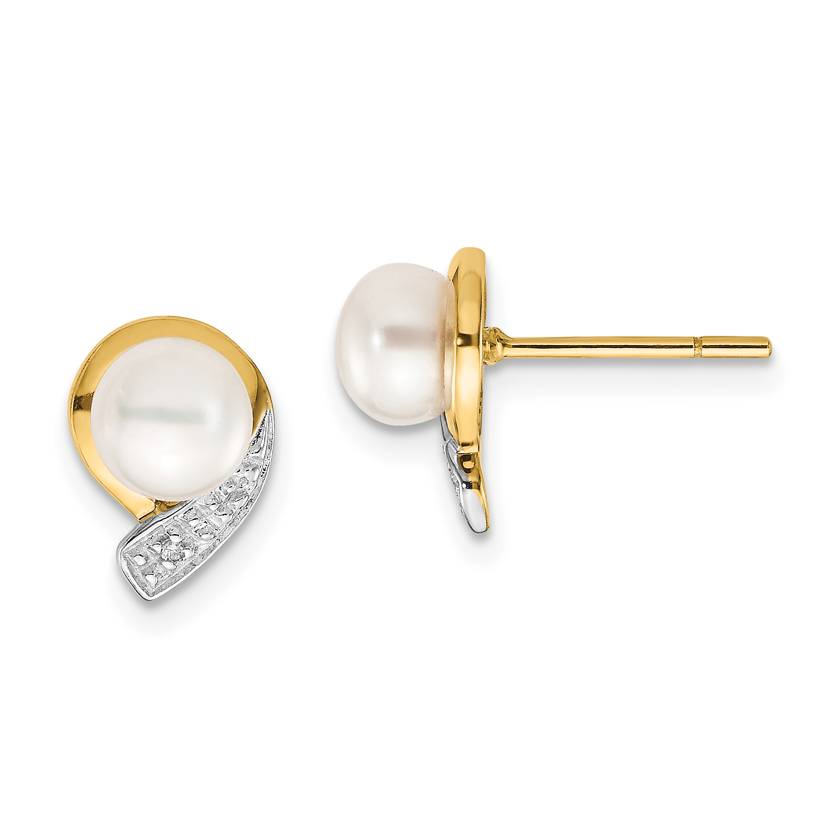 14k 5-6mm White Button FWC Pearl .01ct Diamond Post Earrings (XE1786P/A)