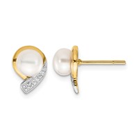 14K Yellow Gold 5-6mm White Button Freshwater Cultured Pearl and.01 Carat Diamond Post Earrings view 1