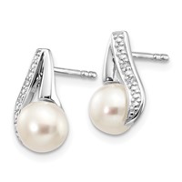 14K White Gold 6-7mm White Button Freshwater Cultured Pearl and.02 Carat Diamond Post Earrings view 2