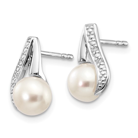 14k White Gold 6-7mm White Button Freshwater Cultured Pearl and .02 carat Diamond Post Earrings