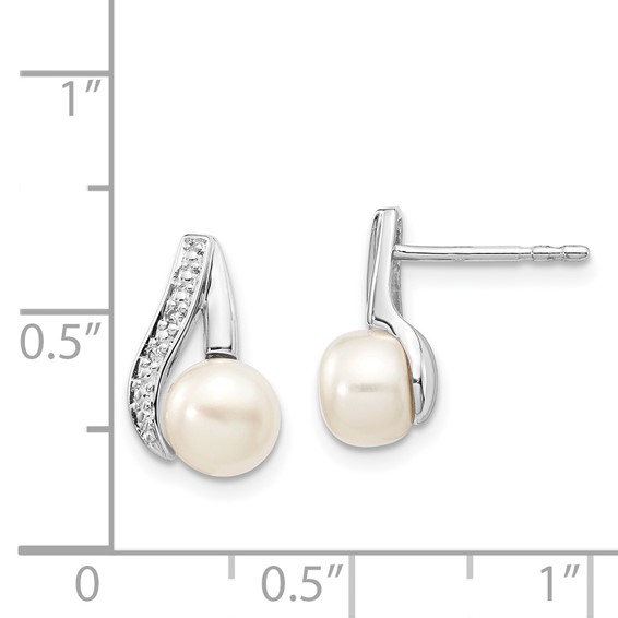 14k White Gold 6-7mm White Button Freshwater Cultured Pearl and .02 carat Diamond Post Earrings