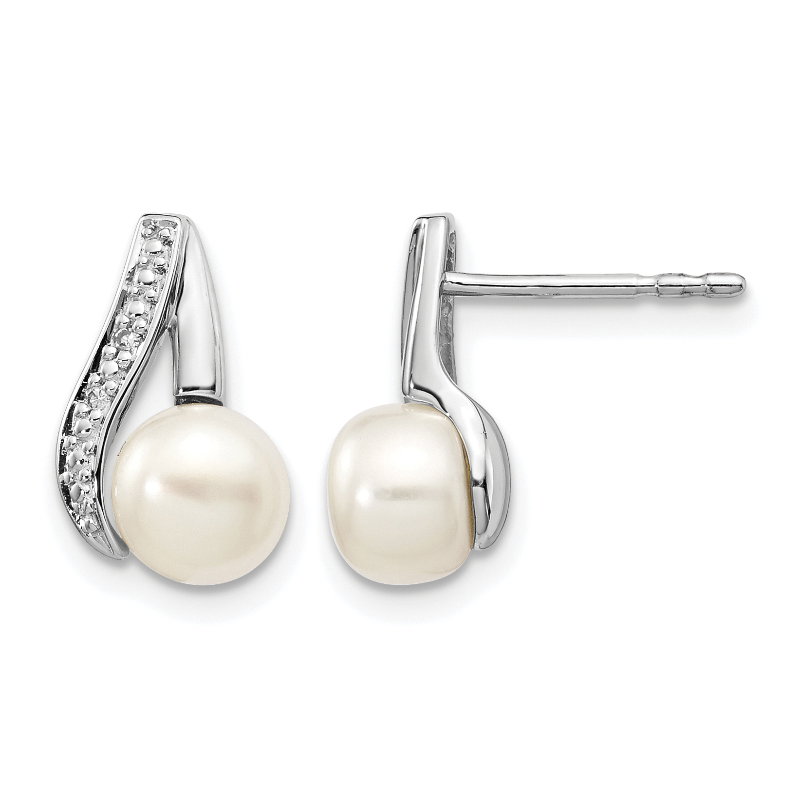 14k White Gold 6-7mm Button FWC Pearl .02ct Diamond Post Earrings (XE1789P/A)