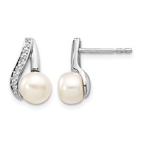 14K White Gold 6-7mm White Button Freshwater Cultured Pearl and.02 Carat Diamond Post Earrings view 1