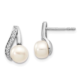 14k White Gold 6-7mm White Button Freshwater Cultured Pearl and .02 carat Diamond Post Earrings