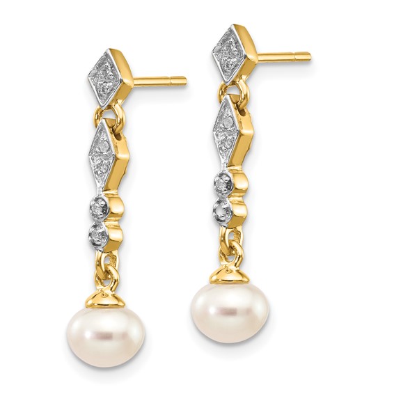 14k and White Rhodium 5-6mm Semi-round White Freshwater Cultured Pearl and .04 carat Diamond Dangle Post Earrings