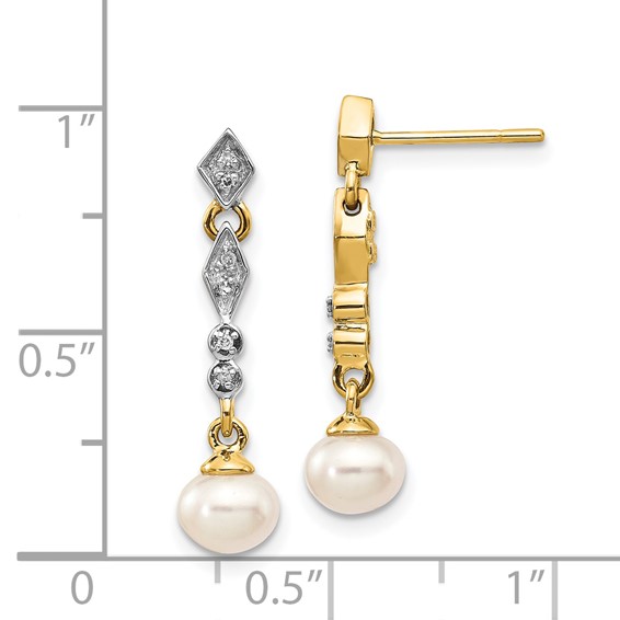 14k and White Rhodium 5-6mm Semi-round White Freshwater Cultured Pearl and .04 carat Diamond Dangle Post Earrings