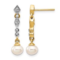 14K and White Rhodium 5-6mm Semi-round White Freshwater Cultured Pearl and.04 Carat Diamond Dangle Post Earrings view 1