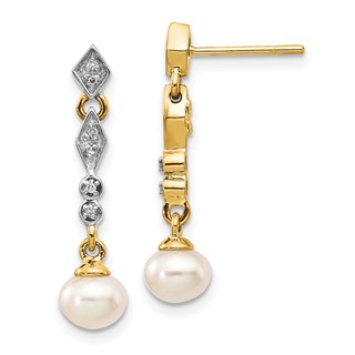 14k and White Rhodium 5-6mm Semi-round White Freshwater Cultured Pearl and .04 carat Diamond Dangle Post Earrings