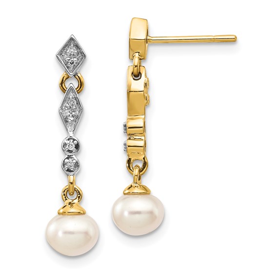14k and White Rhodium 5-6mm Semi-round White Freshwater Cultured Pearl and .04 carat Diamond Dangle Post Earrings
