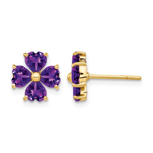 14K Yellow Gold Heart-shaped Amethyst Flower Post Earrings