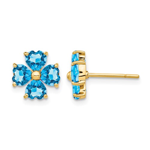 14K Yellow Gold Heart-shaped Swiss Blue Topaz Flower Post Earrings