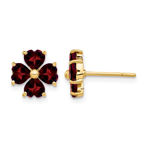 14K Yellow Gold Heart-shaped Garnet Flower Post Earrings