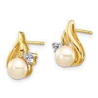 14K and White Rhodium 5-6mm White Button Freshwater Cultured Pearl and.02 Carat Diamond Post Earrings view 2