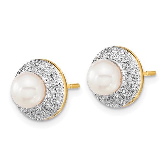 14k and White Rhodium 5-6mm White Button Freshwater Cultured Pearl and .05 carat Diamond Post Earrings