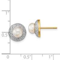 14K and White Rhodium 5-6mm White Button Freshwater Cultured Pearl and.05 Carat Diamond Post Earrings view 4