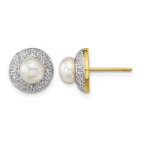 14K and White Rhodium 5-6mm White Button Freshwater Cultured Pearl and.05 Carat Diamond Post Earrings view 1