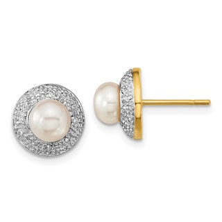 14k and White Rhodium 5-6mm White Button Freshwater Cultured Pearl and .05 carat Diamond Post Earrings